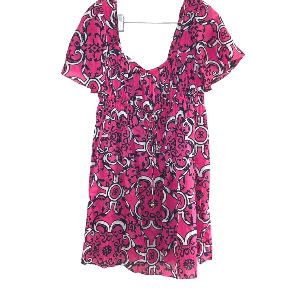 Milly Cabana Pink Print Dress Mini Short Sleeve Tie Waist beach resort Summer